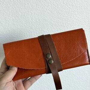 Faux Leather Orange Brown Wrap Wallet Snap Yik Fung Rustic Earthy Bohemian